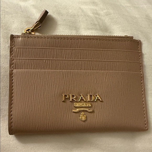 Prada Handbags - Prada Beige Tan Card Holder Wallet with Gold Hardware Top Zip